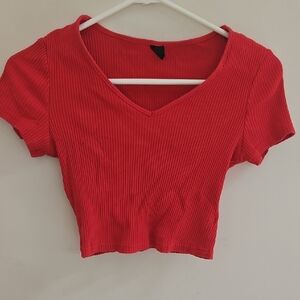 SHEIN Red Ribbed V-Neck Crop Top